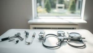 Observational pain assessment tools arranged on a clean, well-lit clinical examination table. Diverse medical instruments including a goniometer, a reflex hammer, a stethoscope, and pressure algometers are precisely positioned. The scene is captured from a slightly elevated angle, creating a sense of professionalism and medical expertise. Soft, natural lighting from a large window filters in, casting gentle shadows and highlighting the tools' intricate details. The overall mood is one of clinical efficiency and patient-centered care, reflecting the specialized physiotherapy services offered.