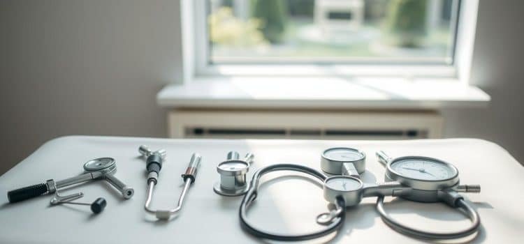 Observational pain assessment tools arranged on a clean, well-lit clinical examination table. Diverse medical instruments including a goniometer, a reflex hammer, a stethoscope, and pressure algometers are precisely positioned. The scene is captured from a slightly elevated angle, creating a sense of professionalism and medical expertise. Soft, natural lighting from a large window filters in, casting gentle shadows and highlighting the tools' intricate details. The overall mood is one of clinical efficiency and patient-centered care, reflecting the specialized physiotherapy services offered.