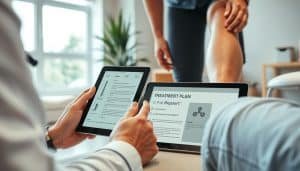 Prompt A personalized treatment plan assessment, depicted with a sense of professionalism and care. In the foreground, a physiotherapist's hands examining a patient's leg, using advanced diagnostic tools. The middle ground showcases a detailed report and customized exercise recommendations displayed on a tablet device. In the background, a soothing, modern physiotherapy clinic setting with natural lighting, clean lines, and calming color tones. The overall atmosphere conveys an atmosphere of expertise, personalized attention, and a holistic approach to rehabilitation.